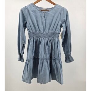 One Step Up Denim Dress Girls Size L 14 16 Smocked Waist Long Sleeve Blue Tiered